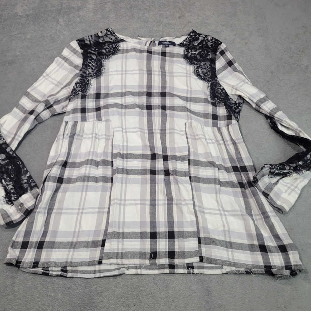 Angel Forever Young Top Women L White Black Plaid Lace Trim Babydoll Blouse Boho